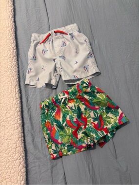Set of 2 Boy's Swim Shorts - Sailboat & Tropical Parrot Prints